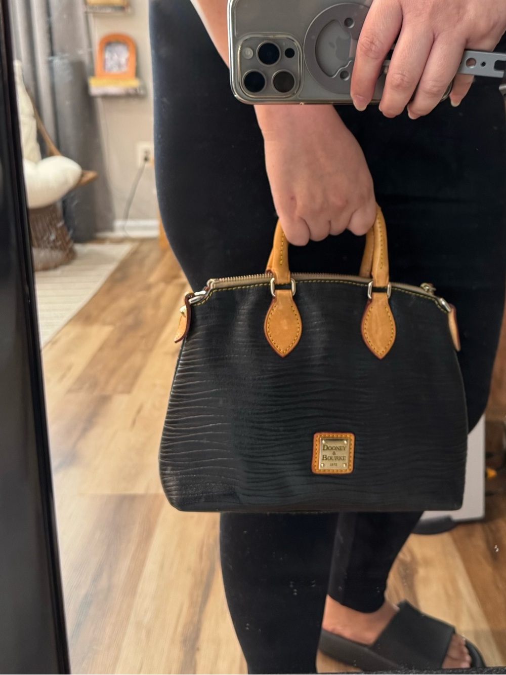 Dooney & Bourke Black Leather Satchel with Tan Accents - Picture 14 of 14